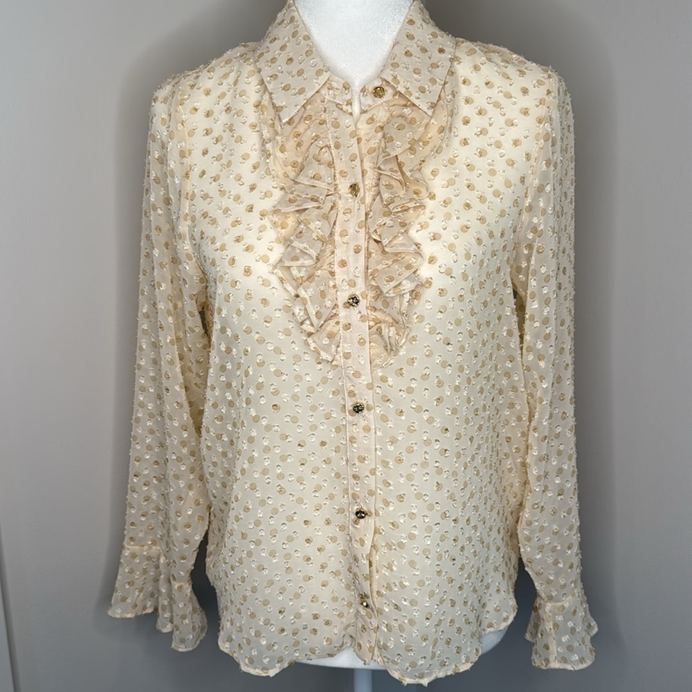 Zara Women’s XS Cream Tan Chic Swiss Dot Ruffle Button Front Blouse